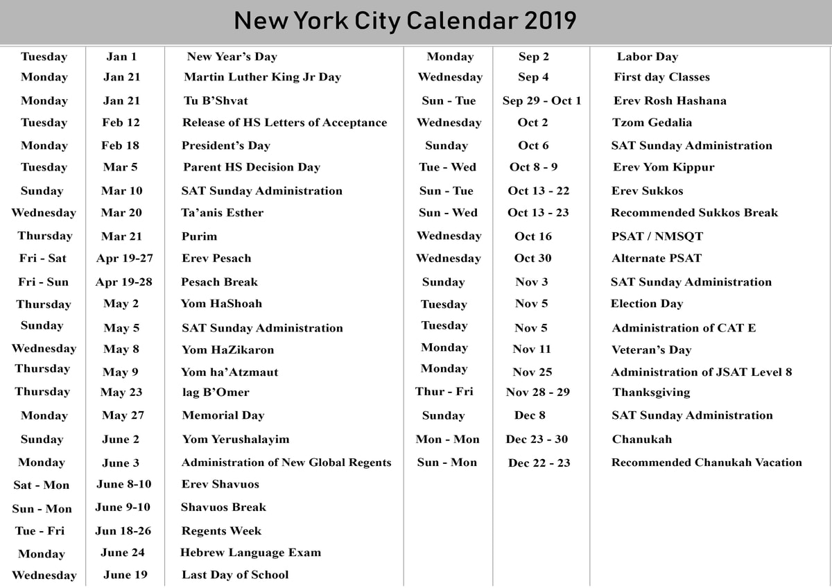 NYC School Holiday Calendar 2019