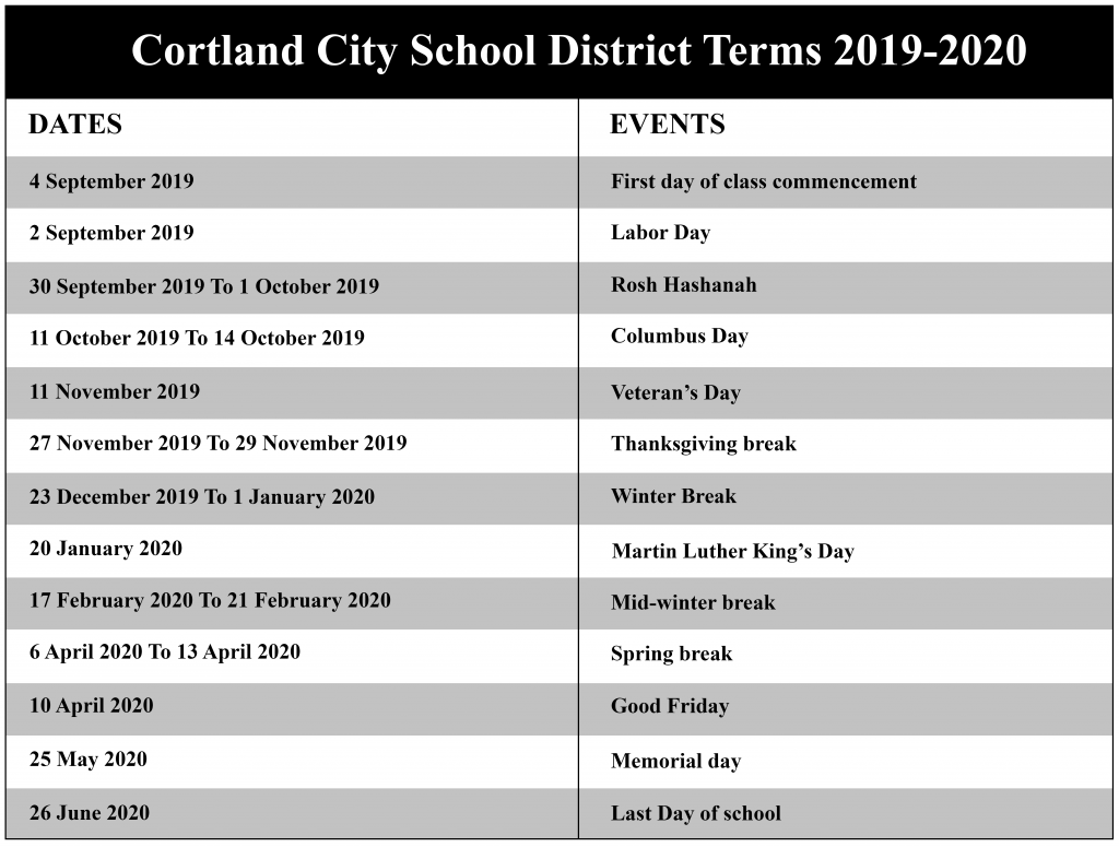 Cortland City School District Academic Calendar