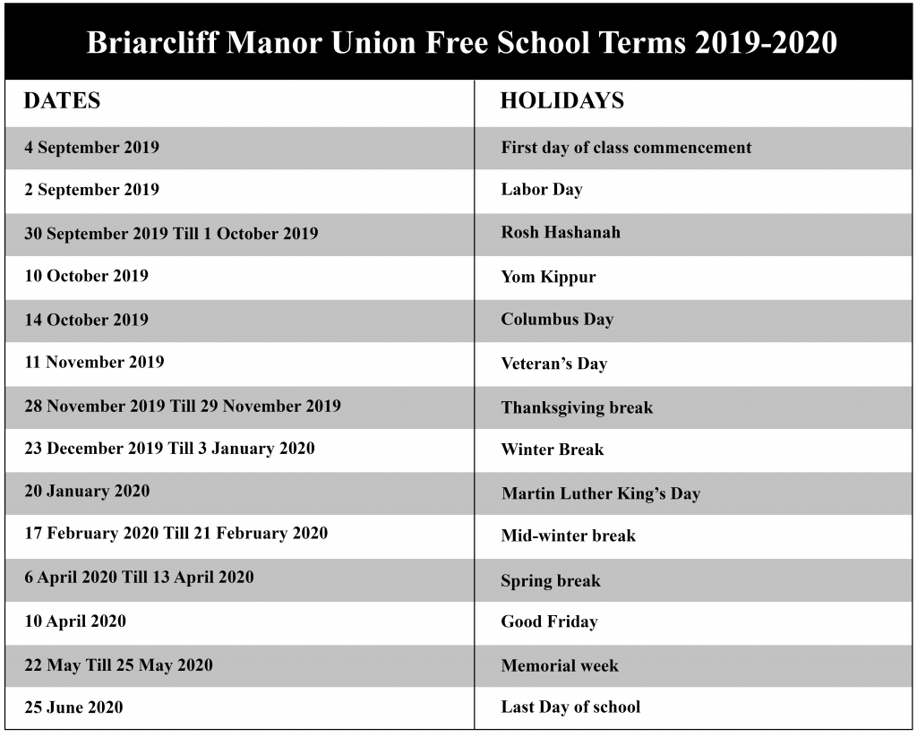 Briarcliff Manor Union Free School District Calendar