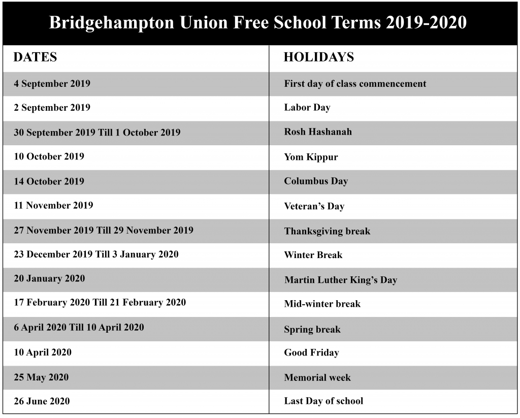 Bridgehampton Union Free School District Calendar