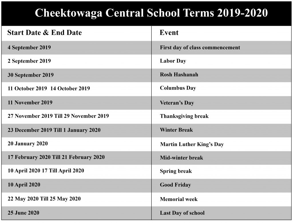 Cheektowaga Central School District Academic Calendar 2021 2022