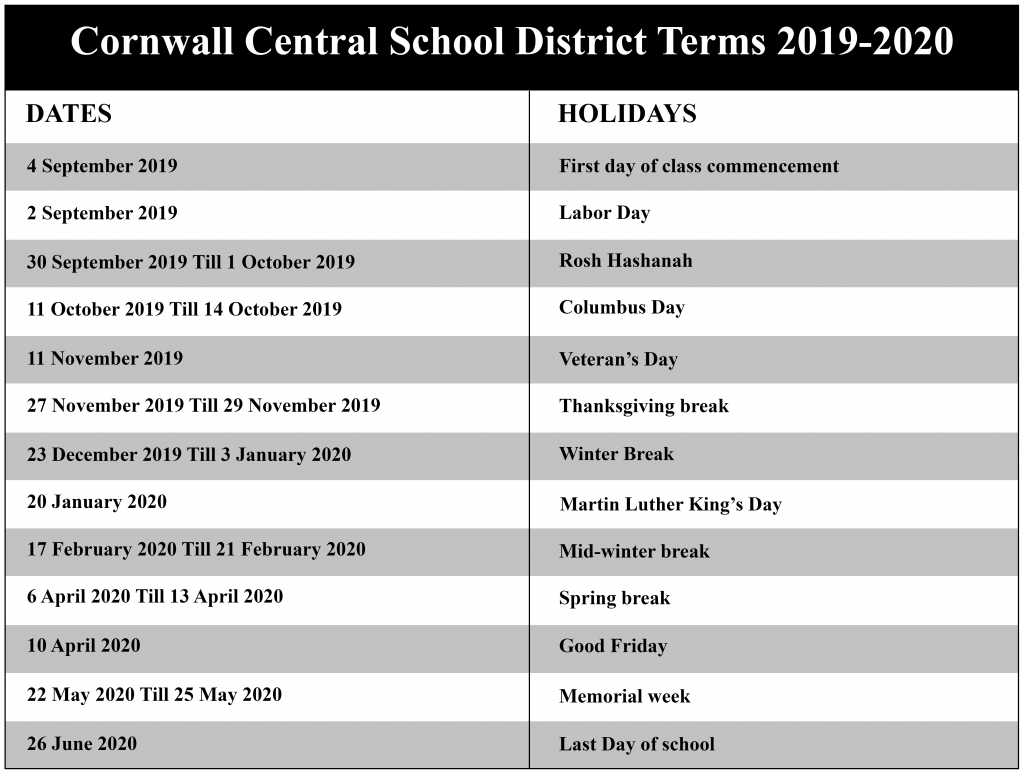 Cornwall Central School District Academic Calendar