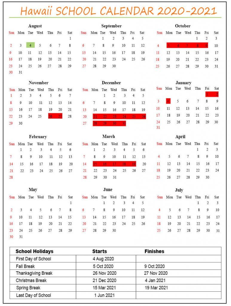 Hawaii School Holidays Calendar 2021 22