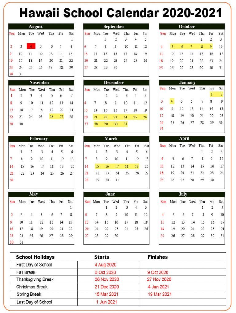 Hawaii School Calendar 2020- 2021 | NYC School Calendar