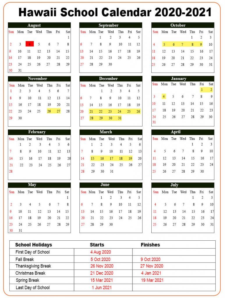 Hawaii School Holidays Calendar 202122