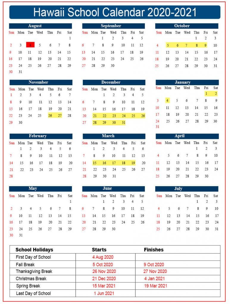 Hawaii School Holidays Calendar 202122