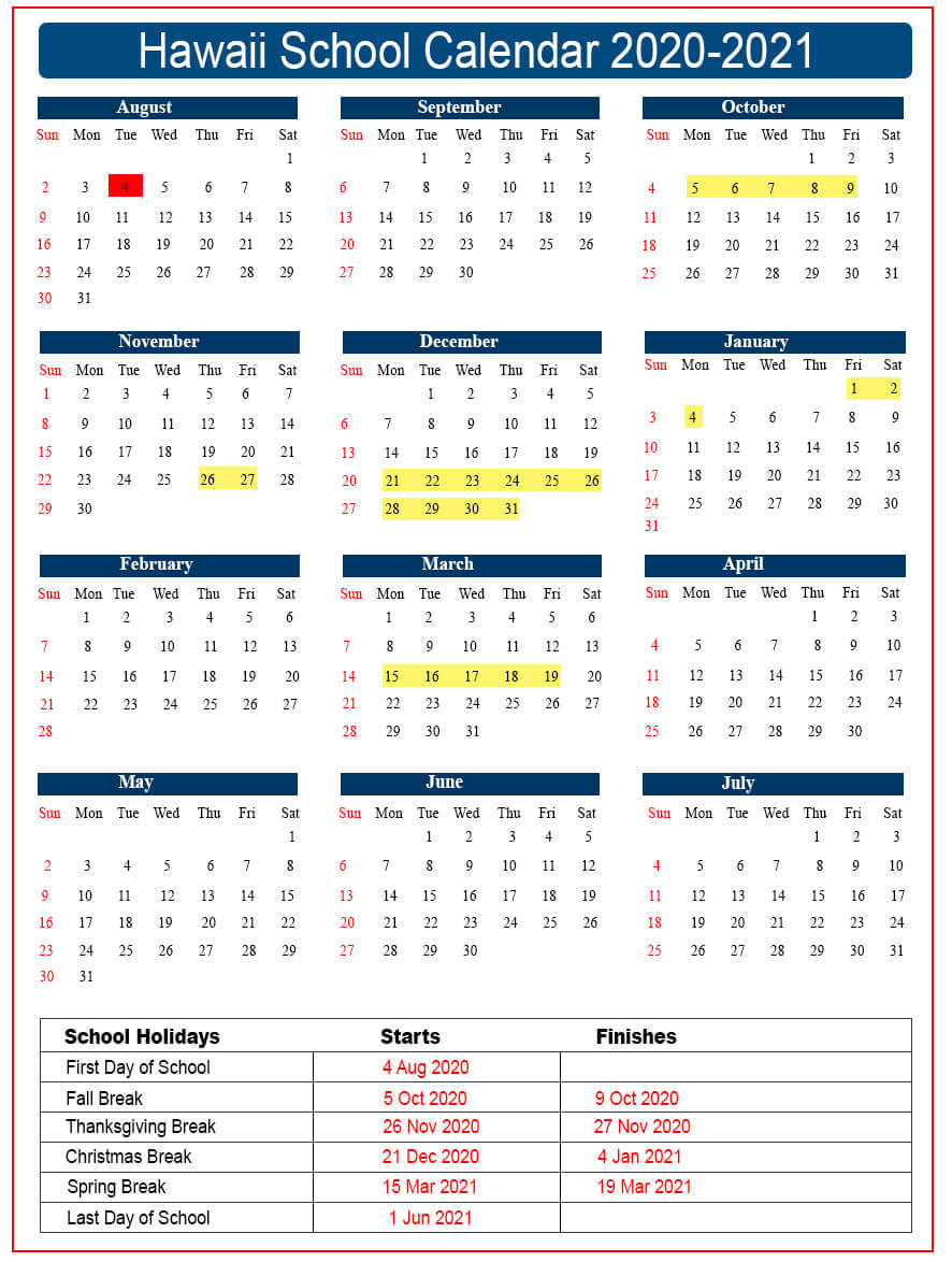 Hawaii School Calendar 2020