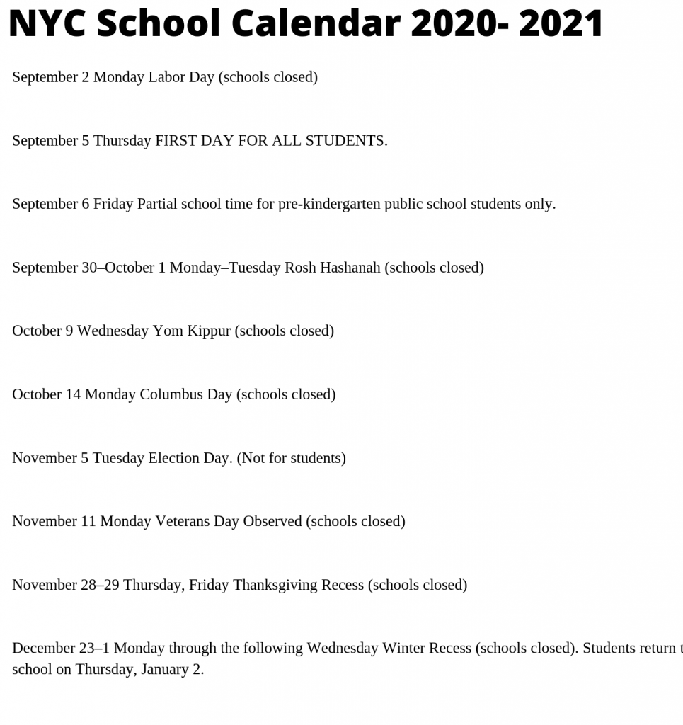 NYC School Calendar 2020 2021