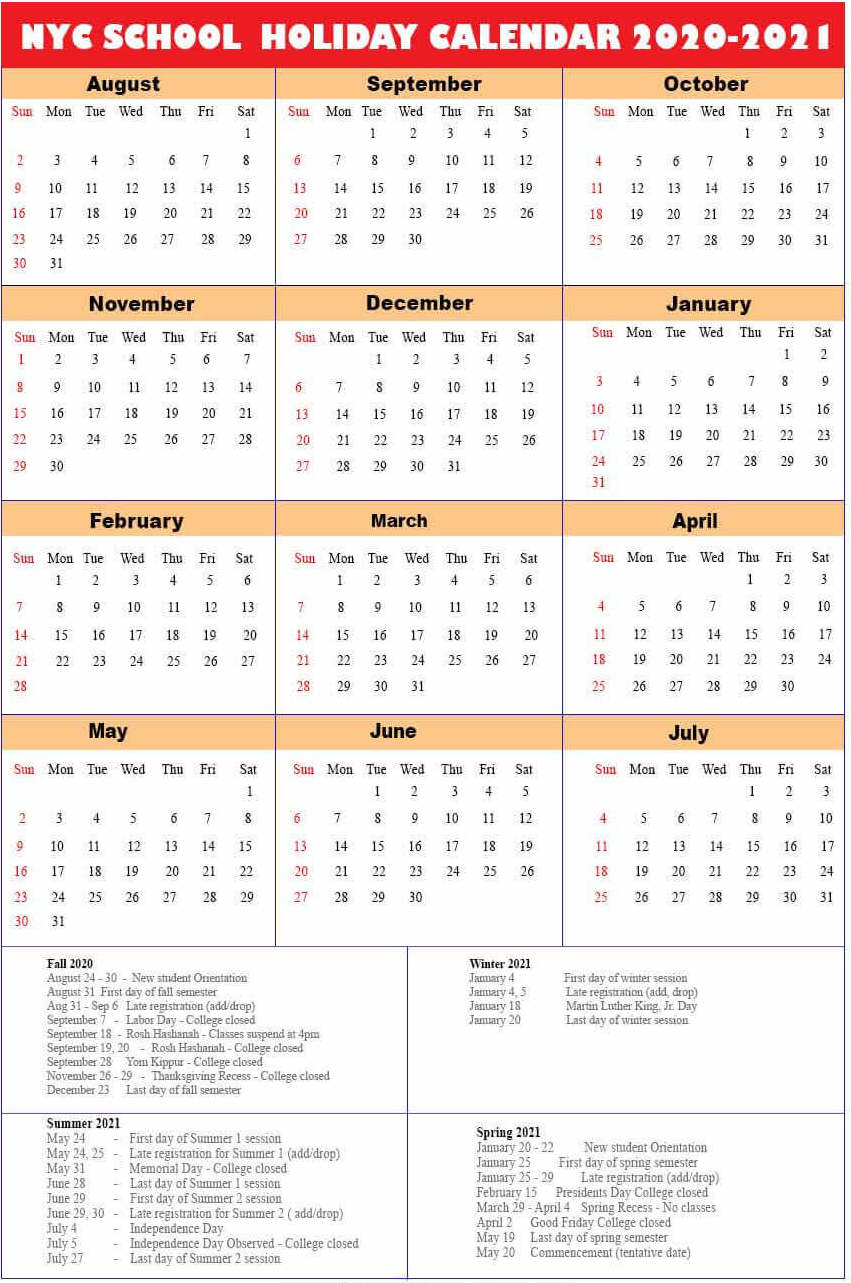 NYC School Holidays Calendar 2020-2021