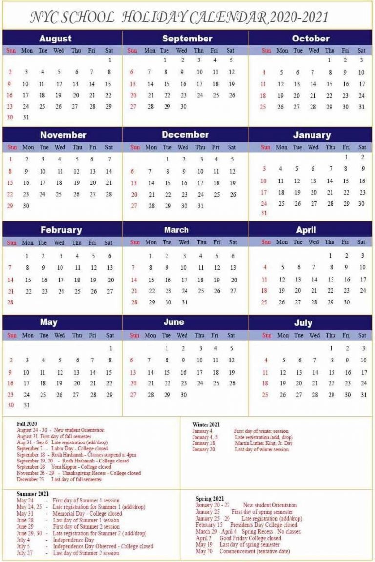 NYC School Holidays Calendar 20202021