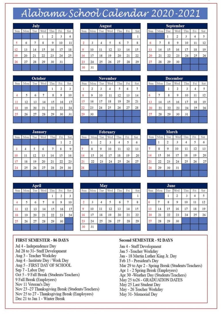Alabama School Holidays Calendar 202122