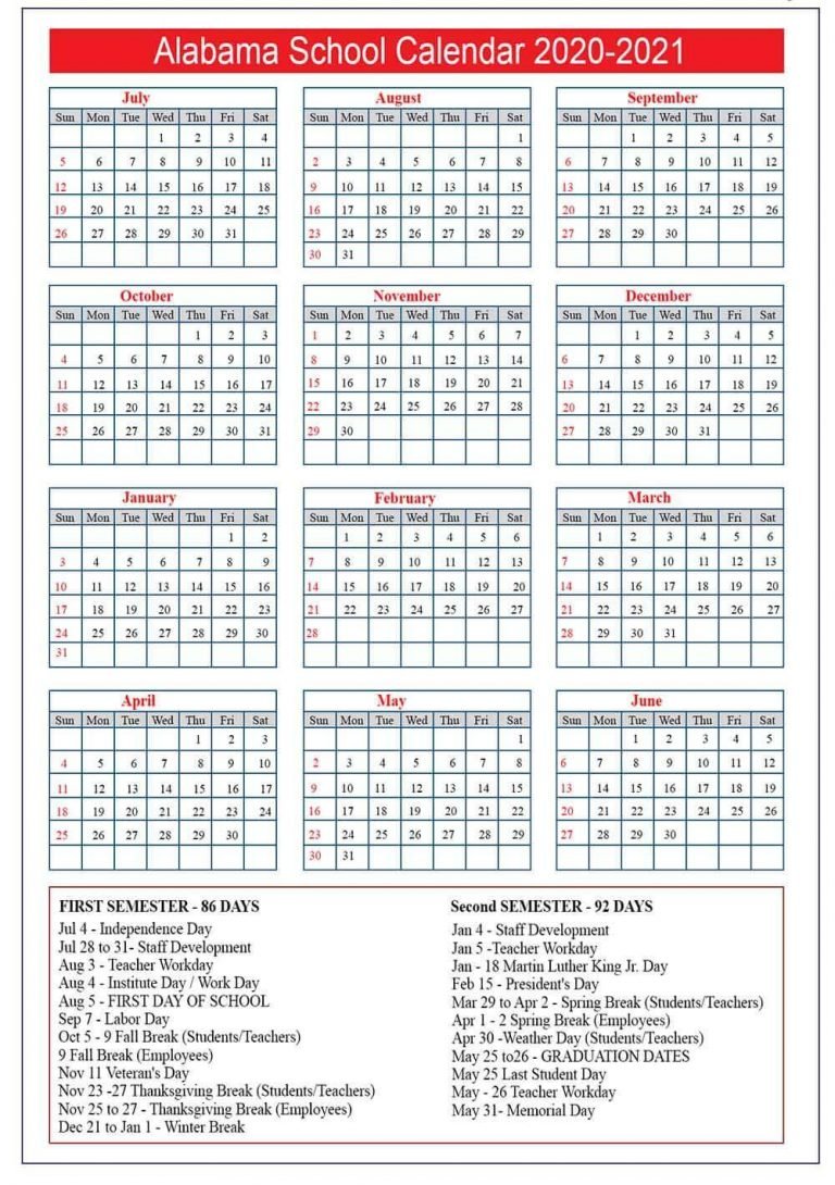 Alabama School Holidays Calendar 2021-22