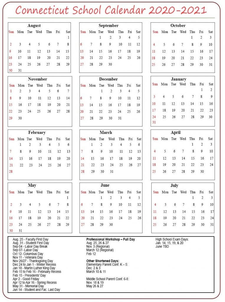 Connecticut School Calendar 2020- 2021 | NYC School Calendar