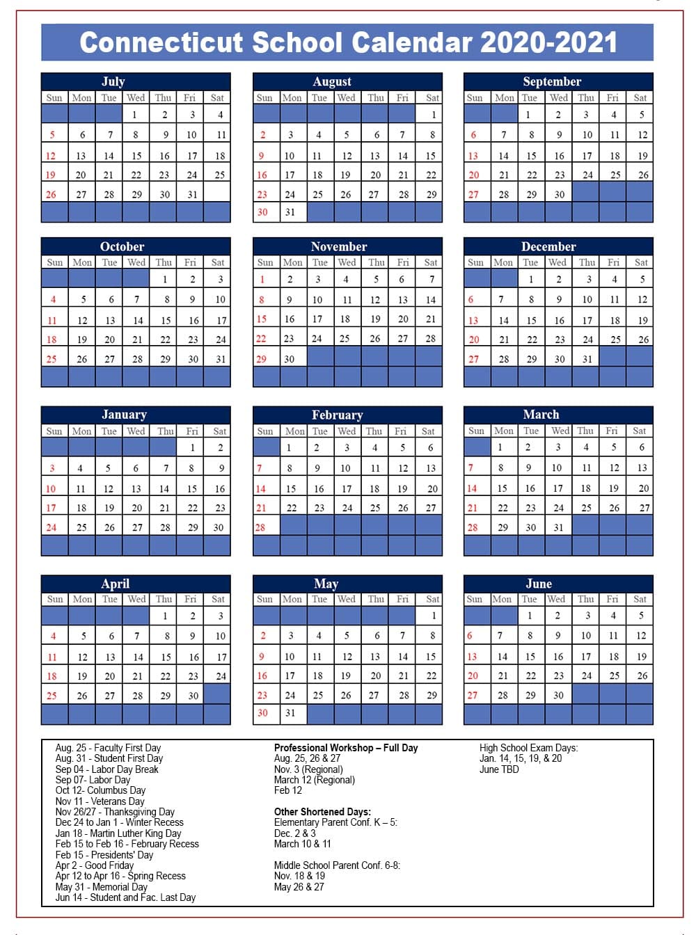 Connecticut School Calendar 2020
