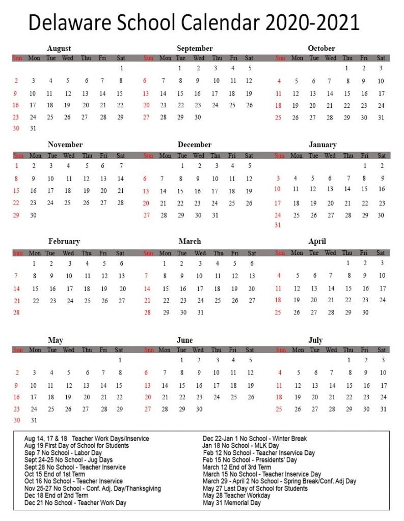 Delaware School Holidays Calendar 2021-22