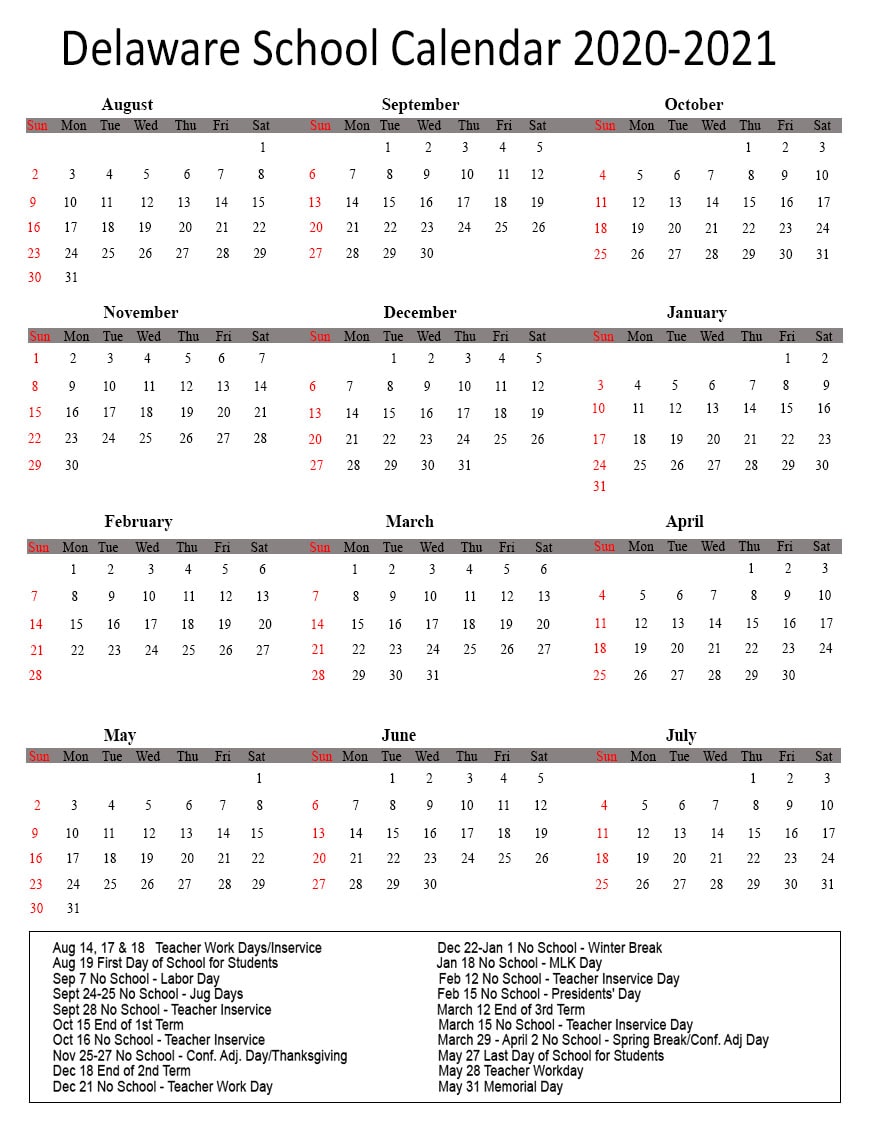 Delaware Public School Calendar 2020