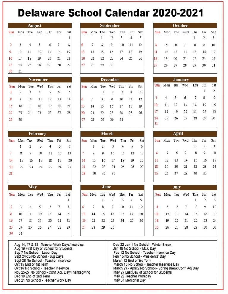 Delaware School Holidays Calendar 2021 22