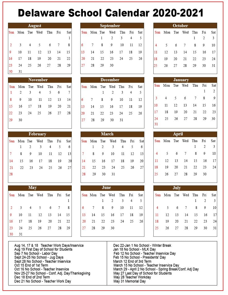 Delaware School Calendar 2020
