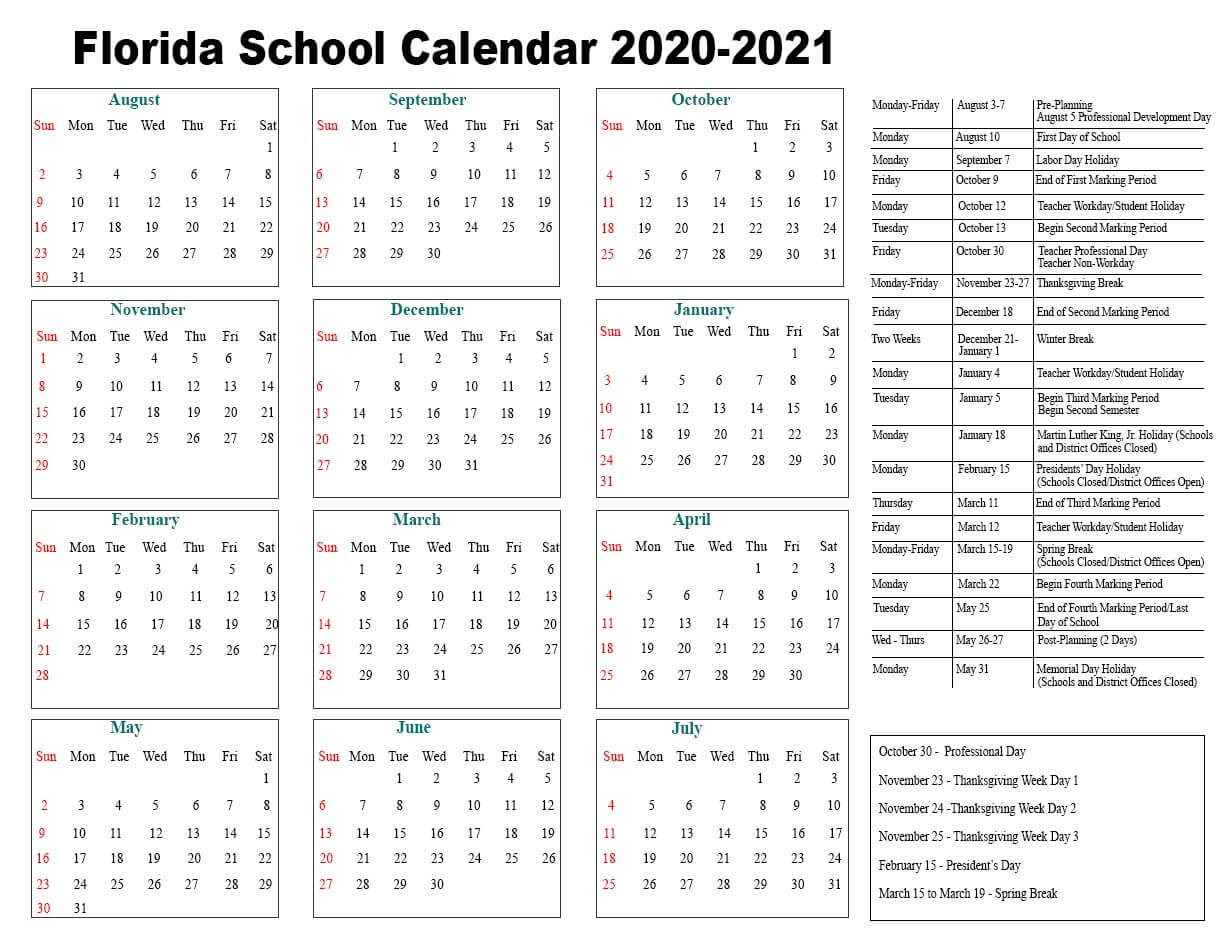 Florida School Calendar 2020- 2021