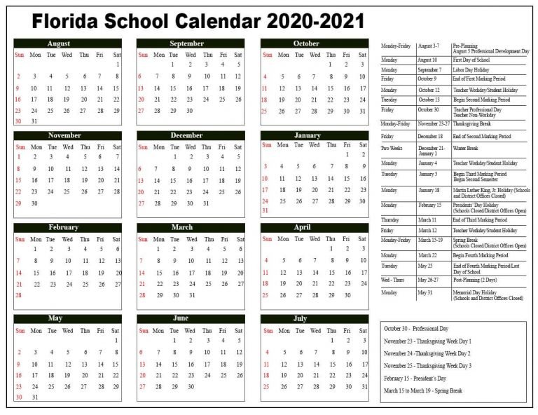 Florida School Holidays Calendar 202122