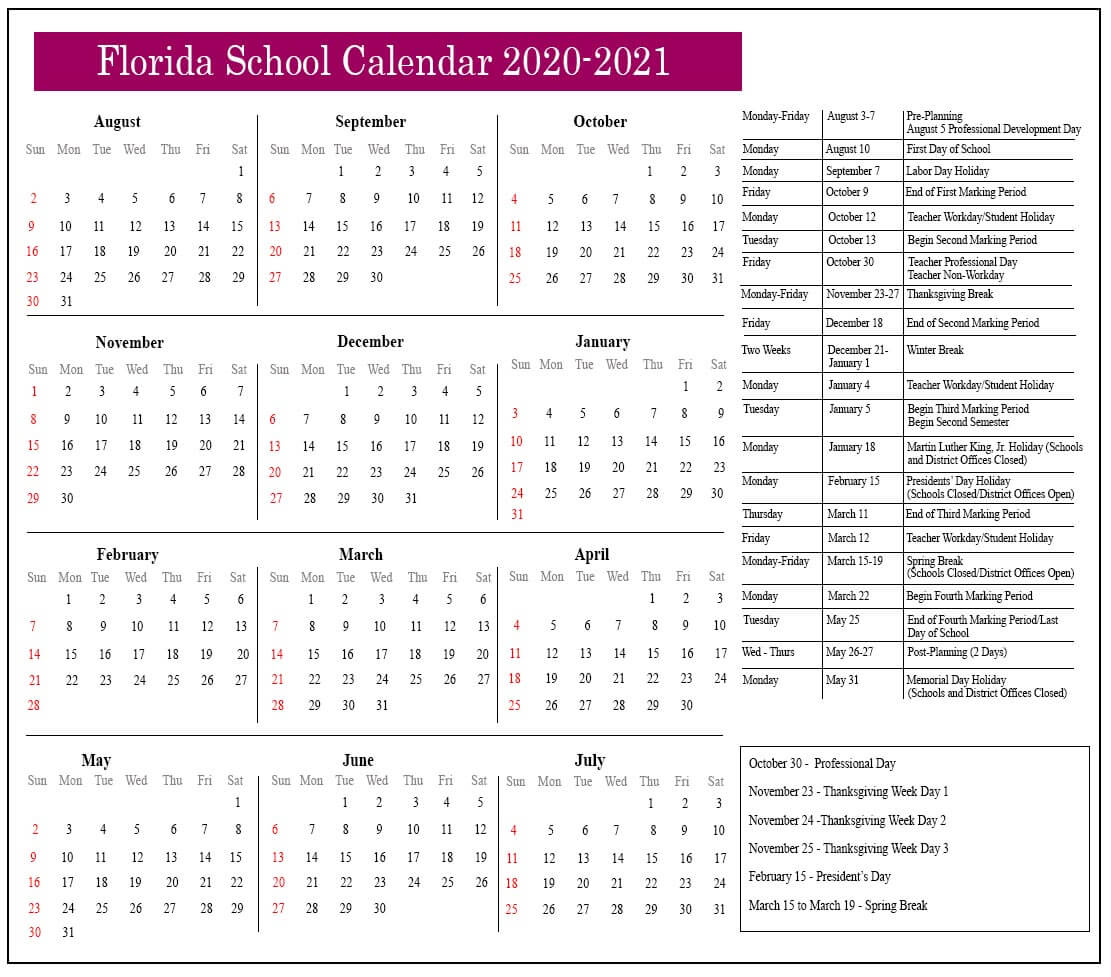 Florida Public School Calendar 2020