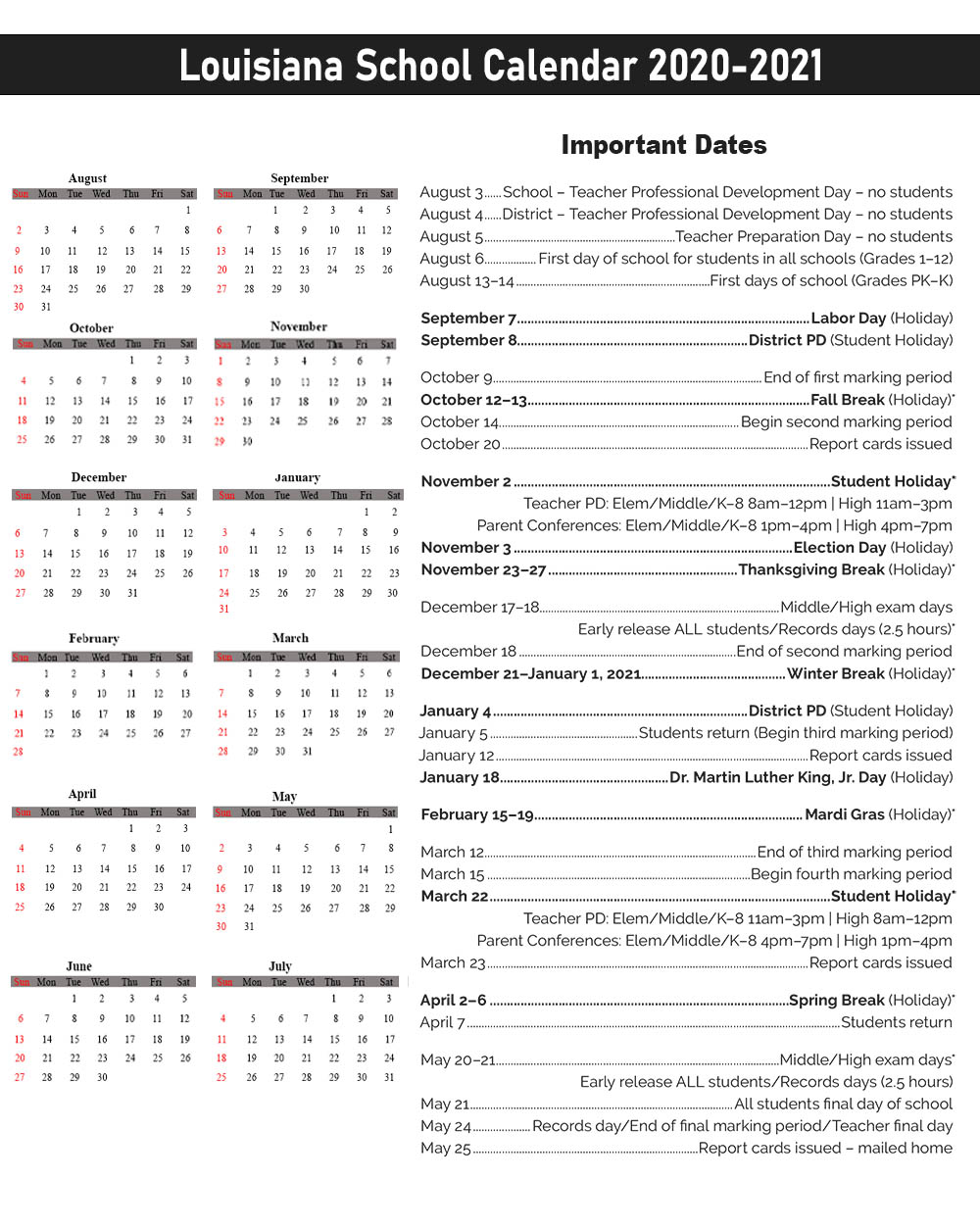 Louisiana Public School Calendar 2020