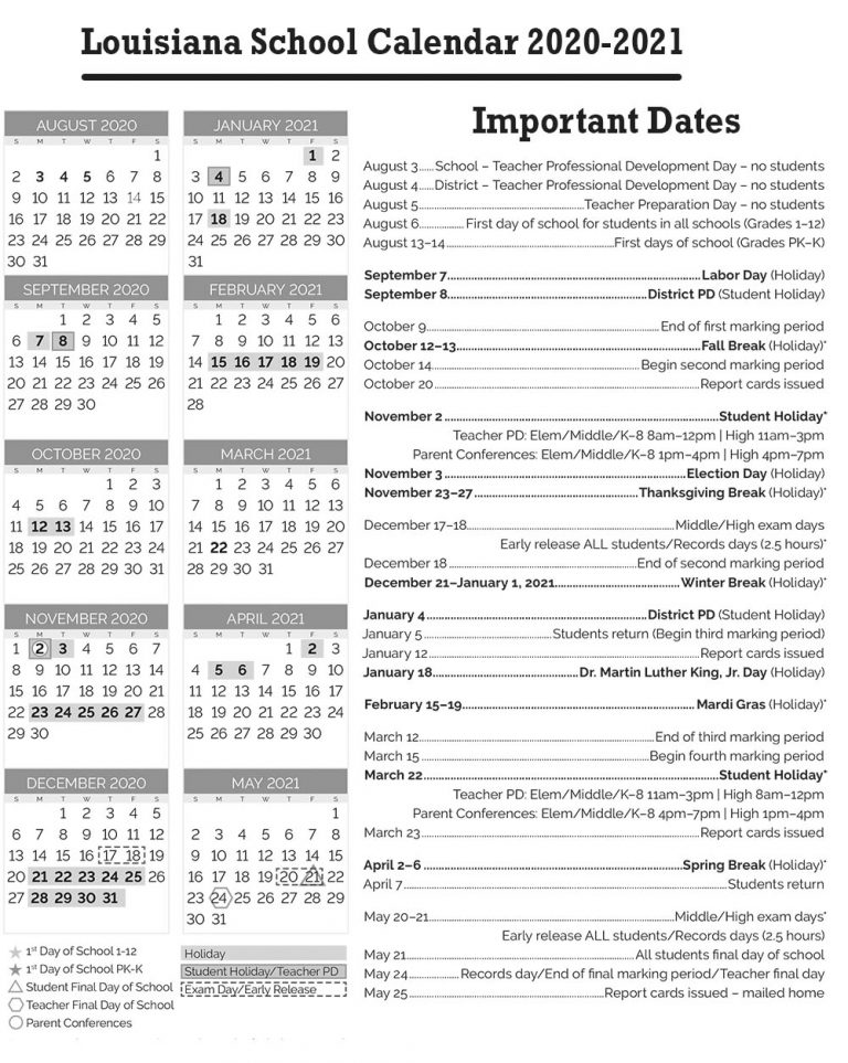 Louisiana School Holidays Calendar 202122