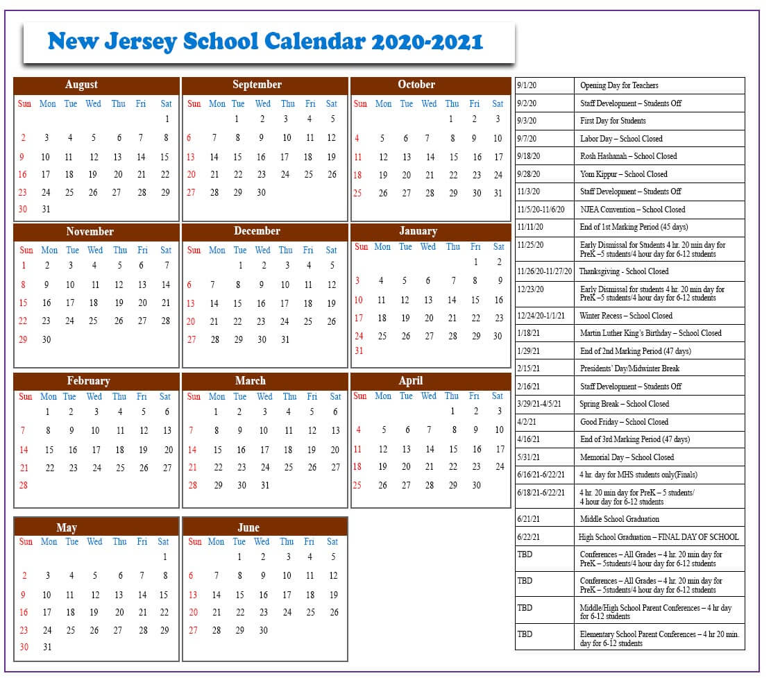 NJ Public School Calendar 2020