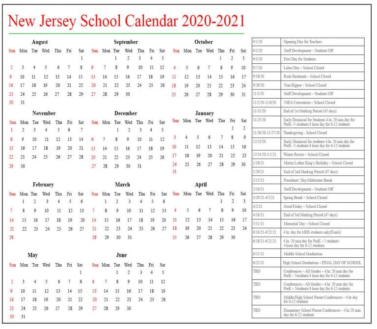 New Jersey School Holidays Calendar 202122