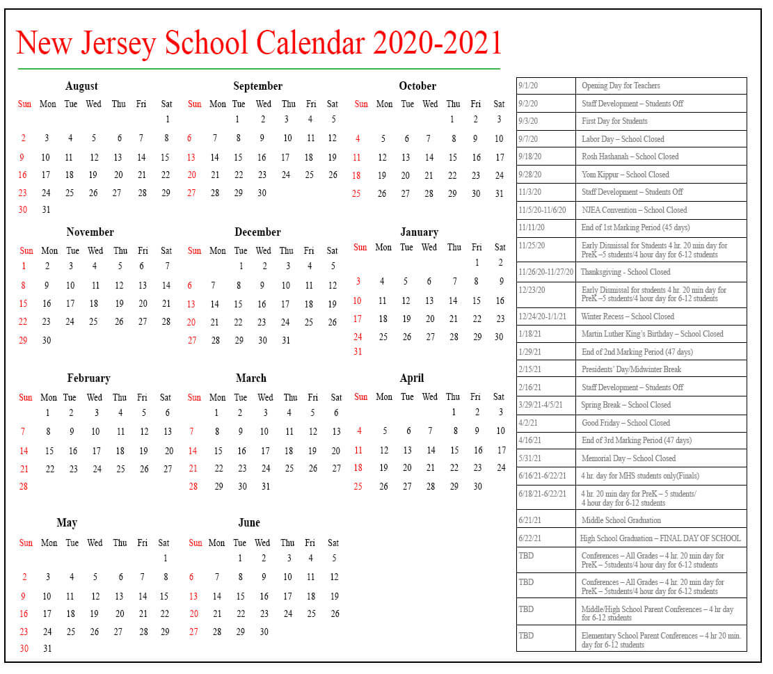 New Jersey School Holidays Calendar 2021 22